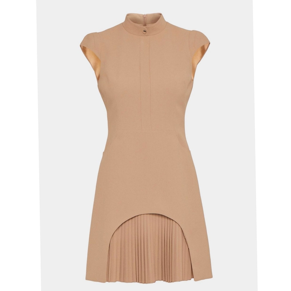 Karen Millen Tan Military Tailored Pleated Hem Cap Sleeves Mini Dress